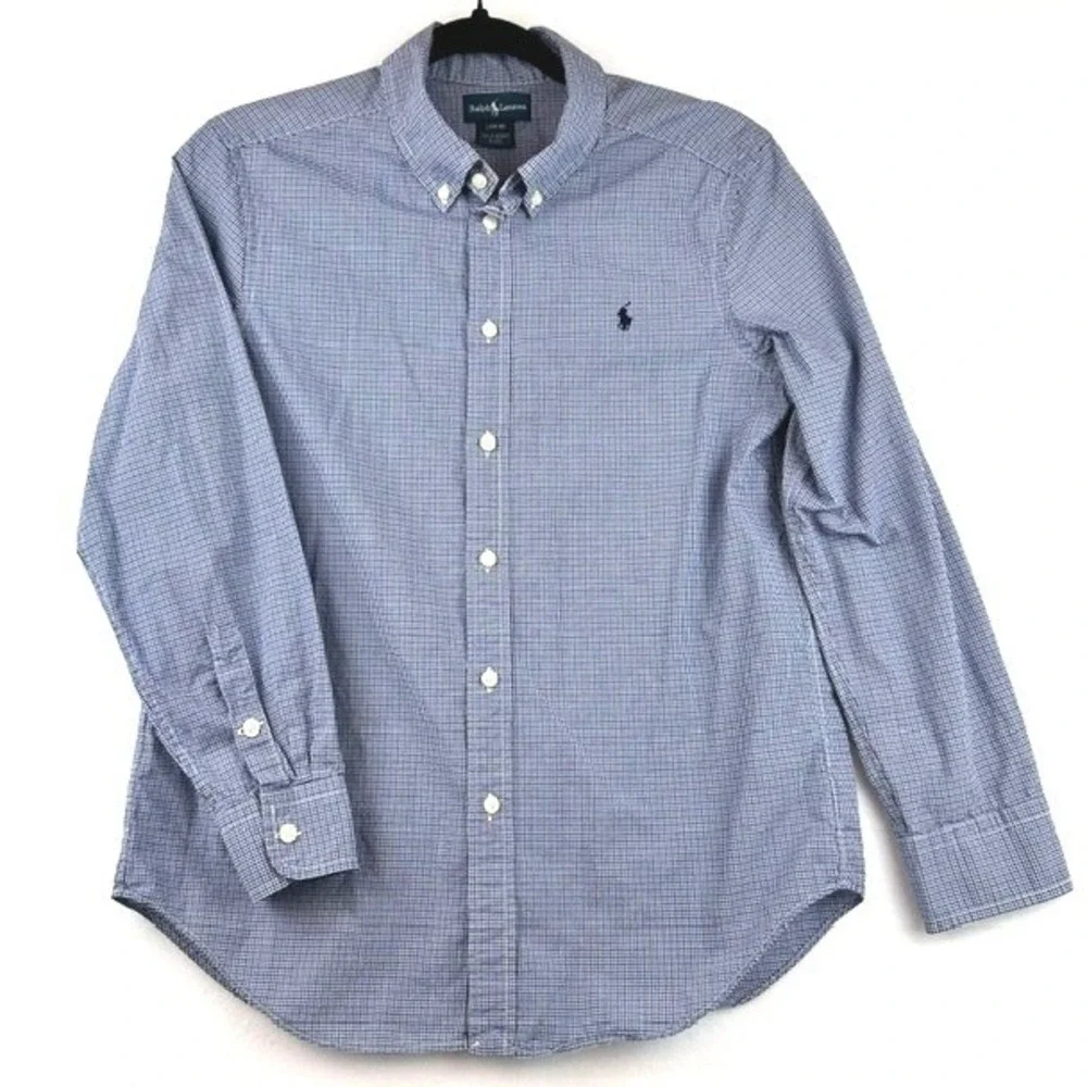 Ralph Lauren Boys Blue Gingham Micro Check Button Down Shirt Size L 14-16